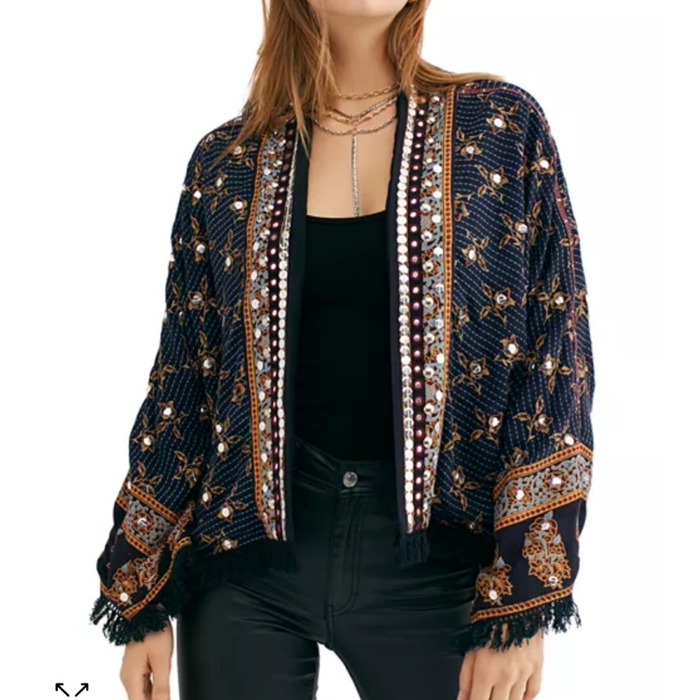 Free People Ray Of Light Embellished Fringe Trim Jacket